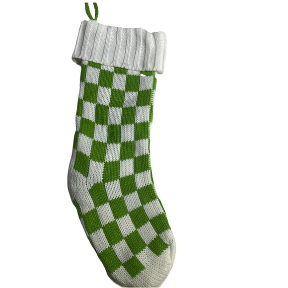 Green White Checkerboard Knit Lined Christmas Stocking 18.5” X 9” Whimsical - Picture 8 of 8